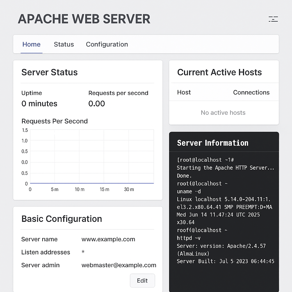 نمایش تصویری داشبورد مدیریت Apache پس از راه‌اندازی اولیه