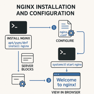 تصویر شماتیک فرآیند نصب و راه‌اندازی Nginx روی لینوکس
