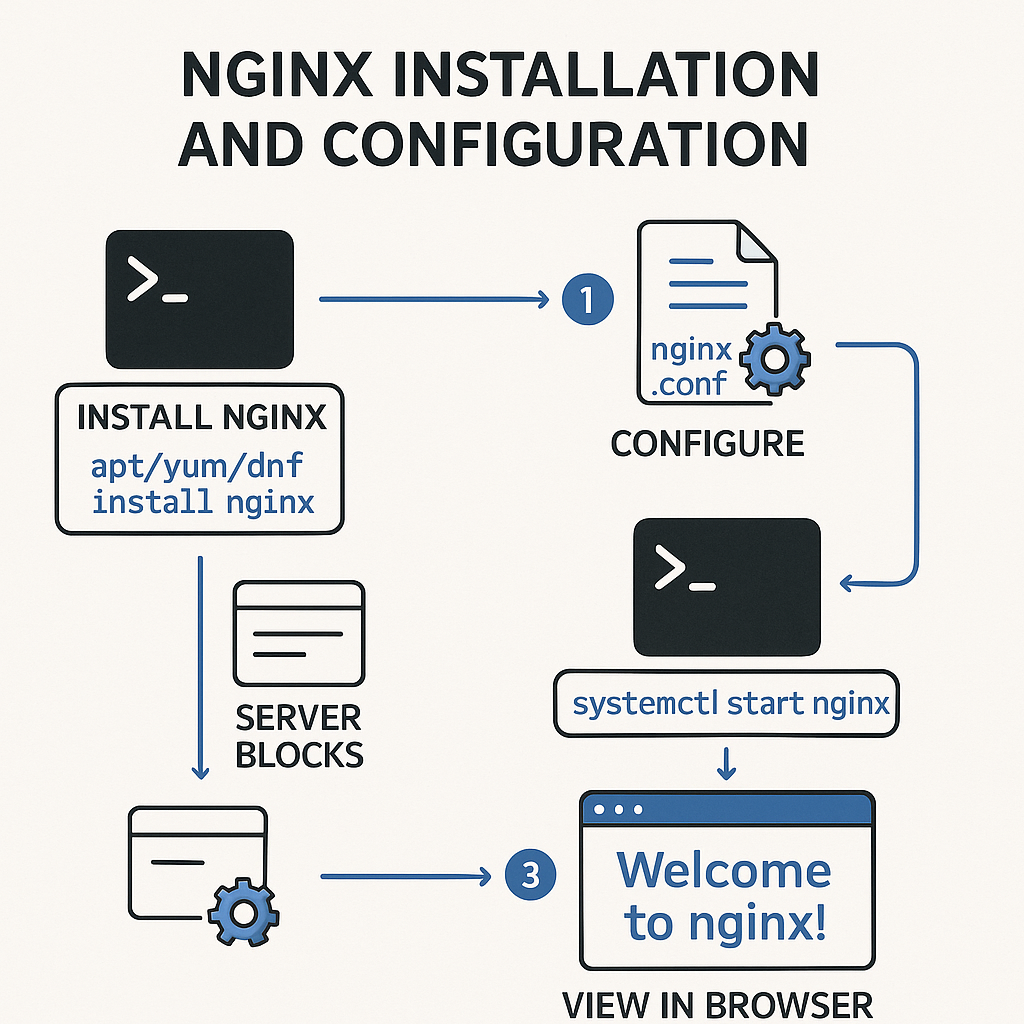 تصویر شماتیک فرآیند نصب و راه‌اندازی Nginx روی لینوکس