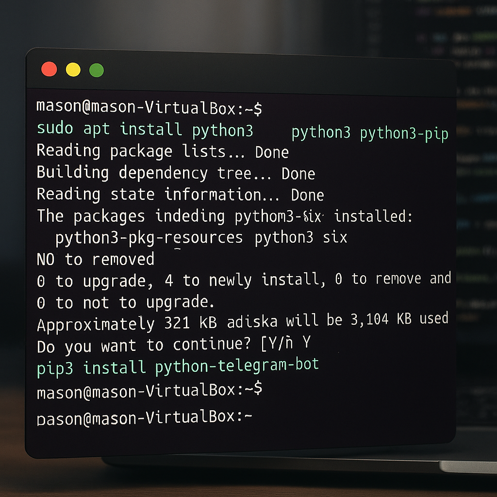 جرای دستور نصب کتابخانه python-telegram-bot روی ترمینال لینوکس برای راه‌اندازی ربات تلگرام