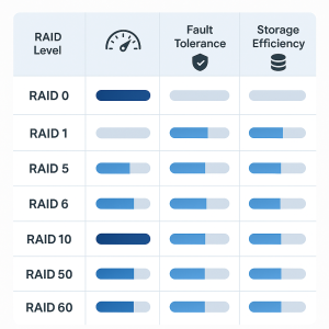 نمودار مقایسه‌ای سطوح RAID با نمادها و نمایش دیداری سرعت، امنیت و ظرفیت از ۰ تا ۶۰